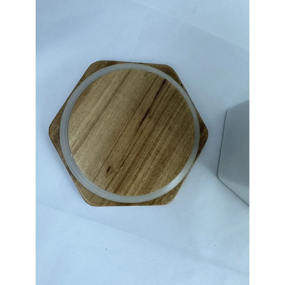 TEAVANA White Hexagon Porcelain Tea Kitchen Storage Canister 6 oz Wooden Lid